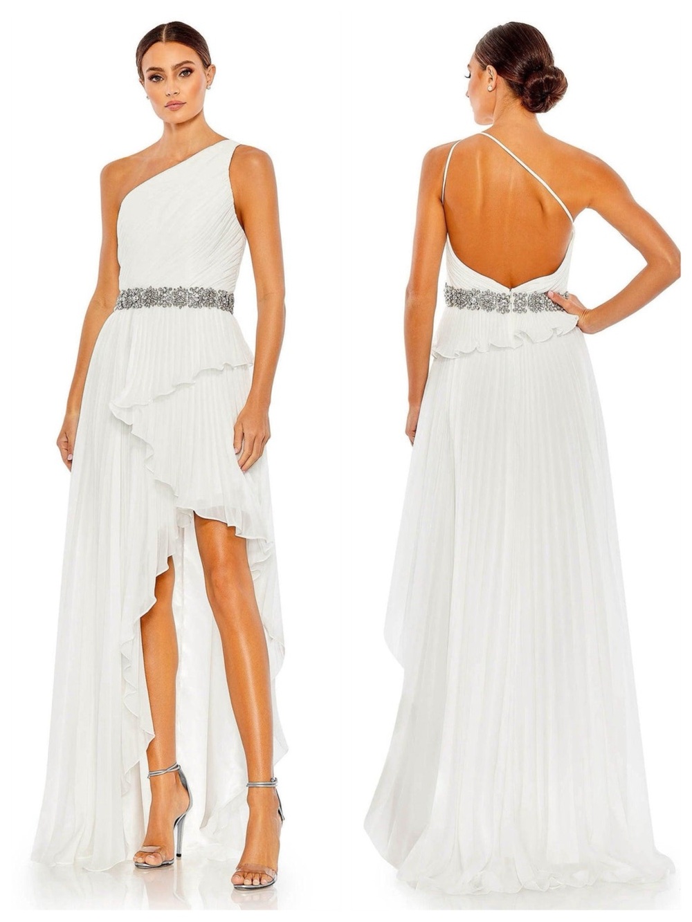 Mac Duggal | White One Shoulder Pleated High Low Gown |Beaded Waist 49532 | Sz 0
